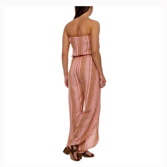NWT- DREW Emerson Wide Split Leg Strapless Striped Linen Blend Romper - Picture 2 of 11